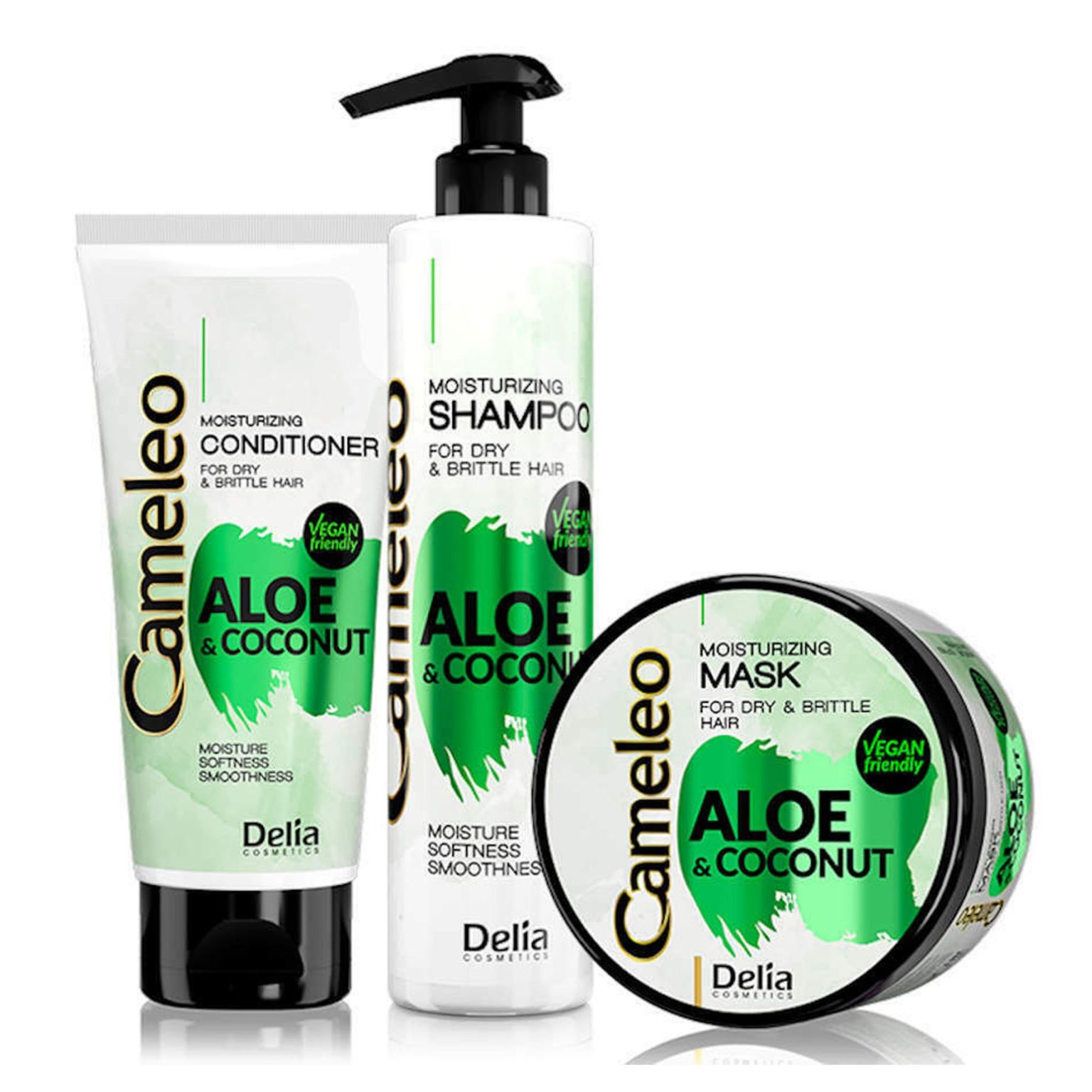 Coconut Aloe. Delia Cosmetics logo. Cameleo.